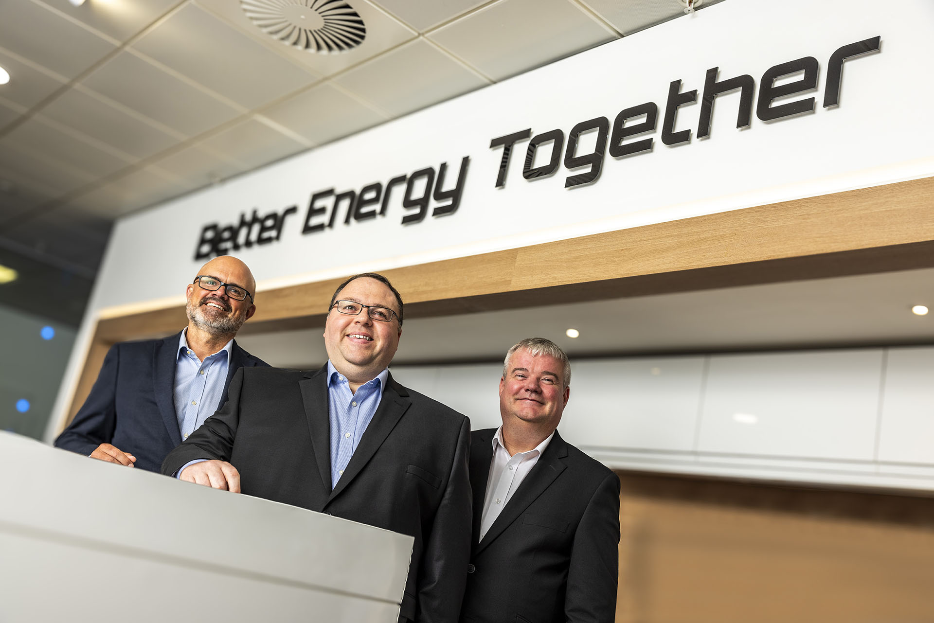 L-R – Richard Jack, Alasdair Smith, David Wallach at THREE60 Energy's Head Office in Aberdeen